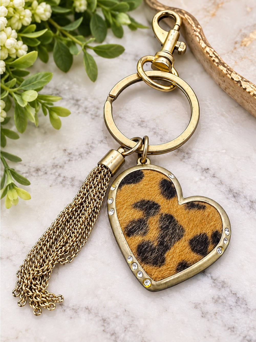 Chico's Leopard Print Calf Hair Heart Keychain With Tassels